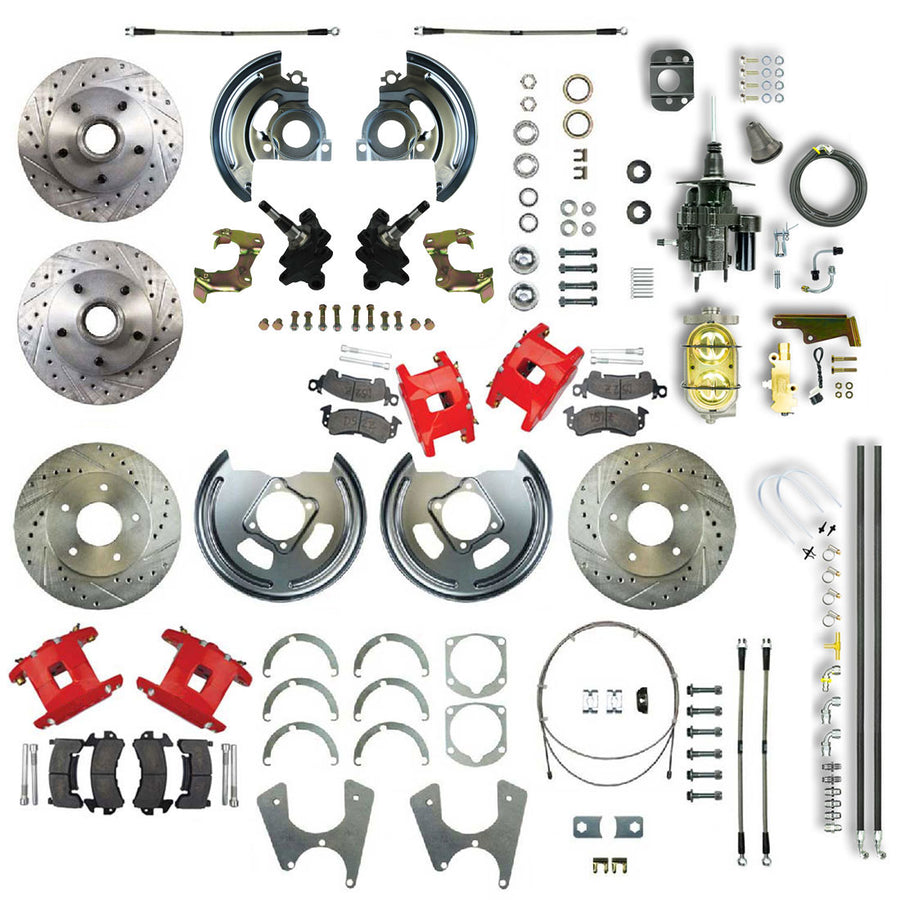 The Right Stuff 67-69 GM F-Body, Staggered, 2" Drop Hydraulic Brake Assist 4 Wheel Disc Brakes Red Calipers - (AFXHB25DZ)