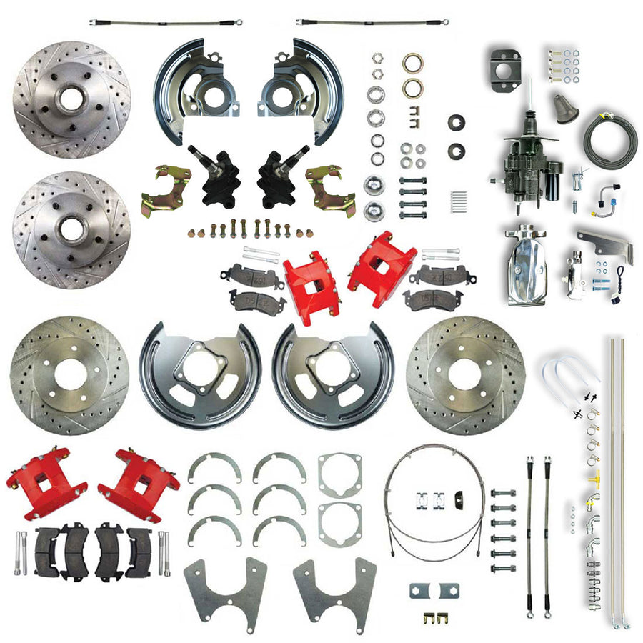 The Right Stuff 67-69 GM F-Body Staggered 2 Drop Chrome Hydraulic Brake Assist 4 Wheel Disc Conv Red Caliper - (AFXHB25DZX)