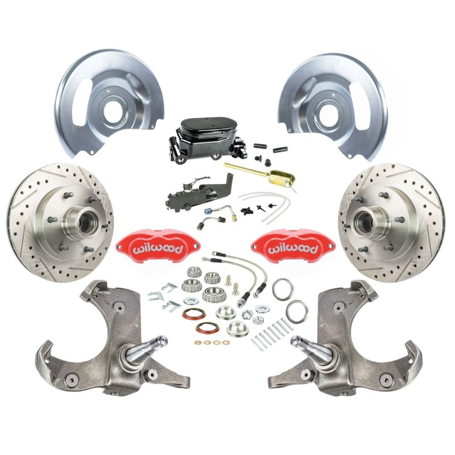 The Right Stuff 1963-70 Chevy/GMC Truck/Suburban, Manual Front Disc Brake Kit with Red Wilwood Calipers, Drilled and Slotted Rotors, Braided Stainless Hoses, and Black Booster Master Assembly, 6 Lug - (TSD6316ZYP)