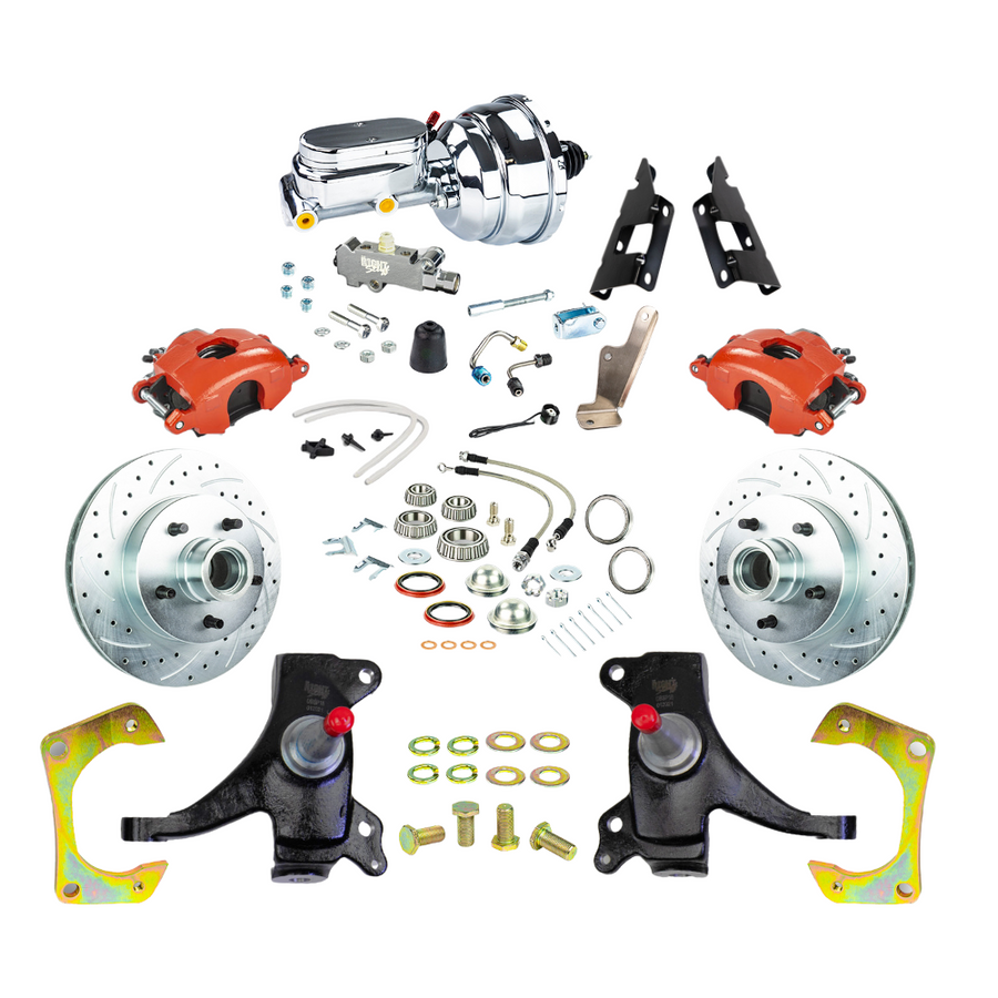 The Right Stuff 73-87 GM C10/15 Truck/Sub 2" Drop Power Front Disc Kit Red Calipers Chrome Upper - (TDC7325DZX)