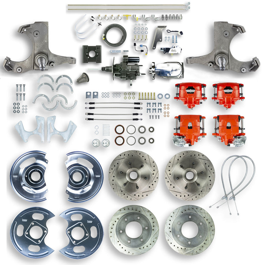 The Right Stuff 63-66 GM C10-15 Truck/Sub 2WD, Chrome Hydraulic Brake Assist 4-Wheel Disc Conv Red Calipers - (THB6356ZX)