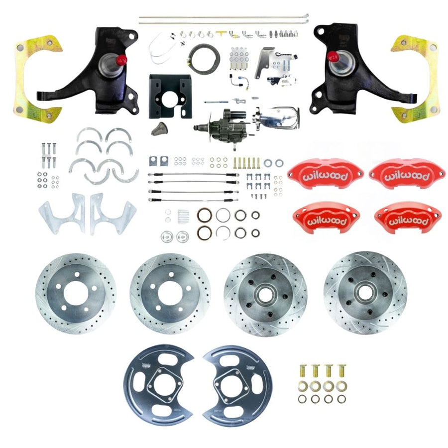 The Right Stuff 1971-72 C10/15 Truck/Suburban 2" Drop Chrome Hydraulic Brake Assist 4-Wheel Disc Brake Kit with Red Wilwood Calipers, Drilled and Slotted Rotors, Braided Stainless Hoses, and Chrome Upper Assembly - (THB7155DZXP)