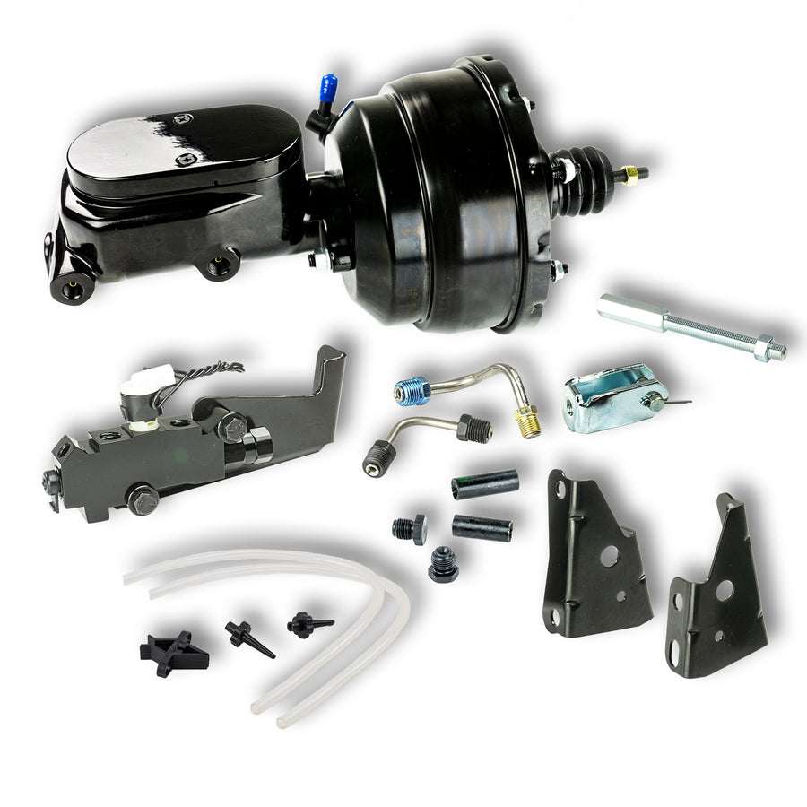 The Right Stuff 1964-72 GM A/F/X-Body Complete Black Upper Assembly with 8" Dual Booster, Master Cylinder and Proportioning Valve Combination Kit for Disc/Drum - (B81315171)