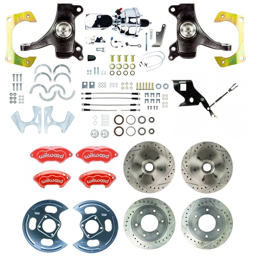 The Right Stuff 1967-70 GM/Chevy C10/15 Truck/Sub 2" Drop, Performance Series Power 4-Wheel Disc Kit Red Wilwood Calipers, Drilled and Slotted Rotors, Braided Stainless Hoses, and Chrome Booster Master Assembly 6x5.5 - (TDC6756DZXP)