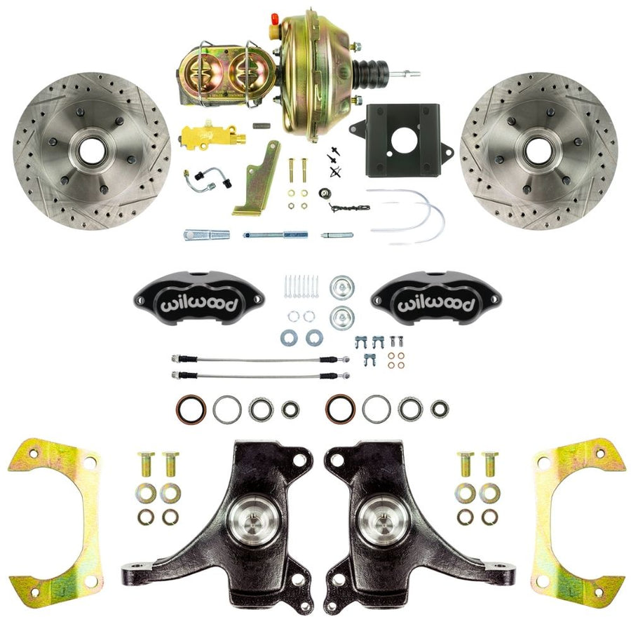 The Right Stuff 1960-62 Chevy/GMC Performance Series 2" Drop, Power Front Disc Brake Conversion with Black Wilwood Caliper, Drilled and Slotted Rotors, and Braided Stainless Hoses - (TDC6016DBP)