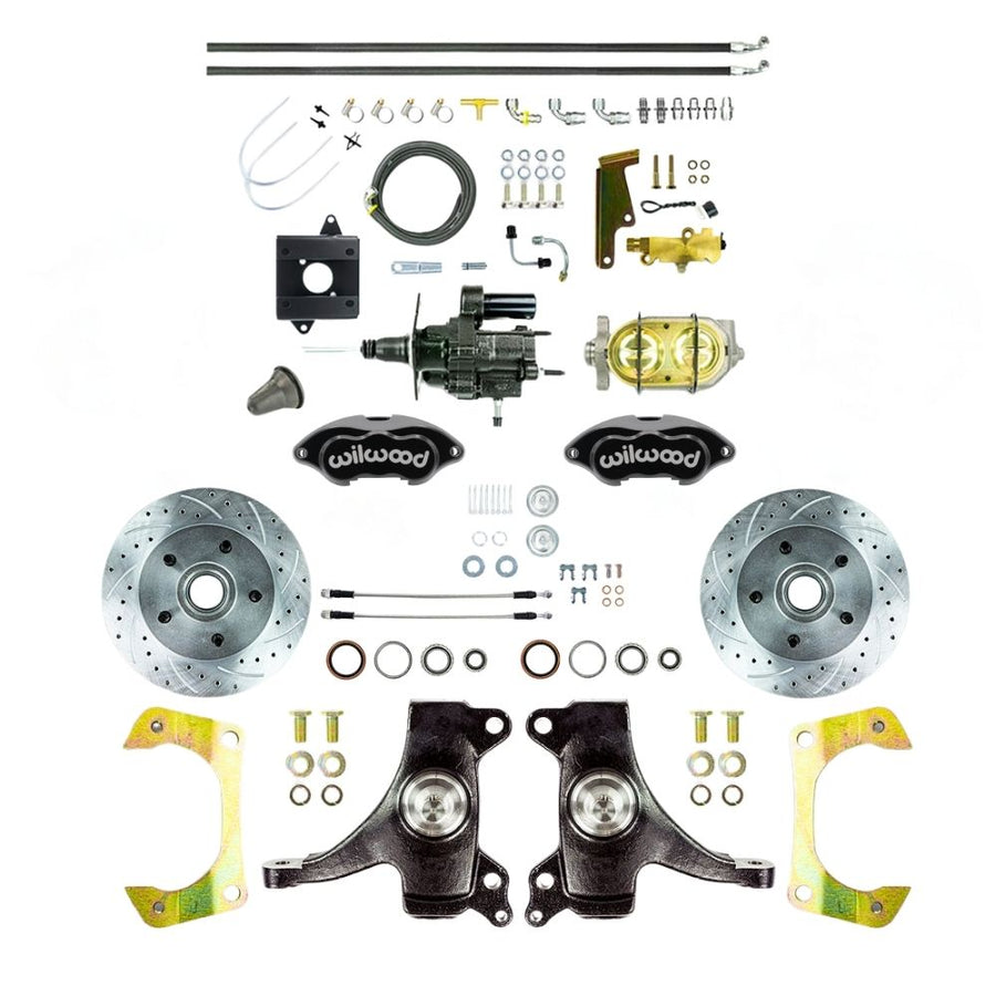 The Right Stuff 1960-62 Chevy C10/15 Truck/Suburban, Hydraulic Brake Assist Performance Series, 2" Drop, Front Disc Brake Conversion, Black Wilwood Calipers, Drilled and Slotted Rotors, and Braided Stainless Hoses - (THB6015DBP)