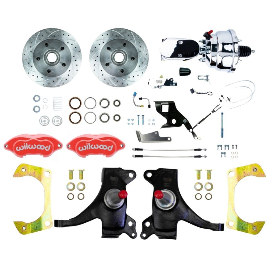 The Right Stuff 1971-72 GM C10/15 Truck/Suburban, 2" Drop Performance Series Power Front Disc Brake Kit with Red Wilwood Calipers, Drilled and Slotted Rotors, Braided Stainless Hoses, Chrome Booster Master Assembly - (TDC7125DZXP)