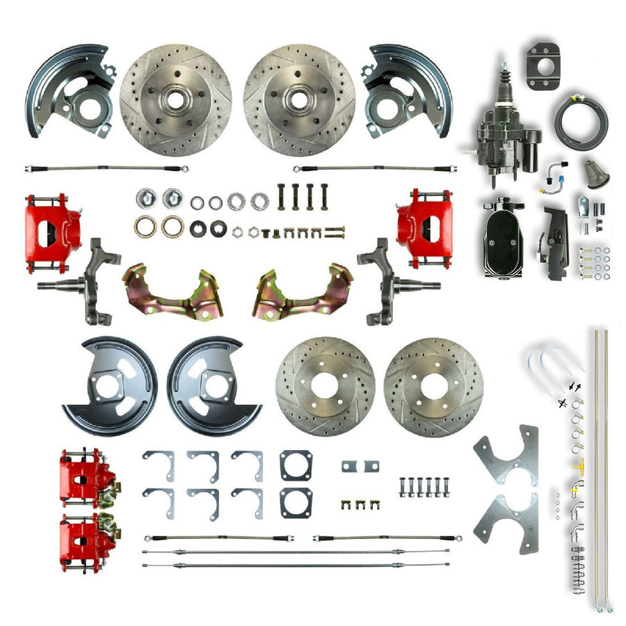 The Right Stuff 64-72 GM A-Body Hydraulic Brake Assist, 2" Drop, 4-Wheel Disc Kit Red Calipers Black Upper - (AFXHB41DZY)