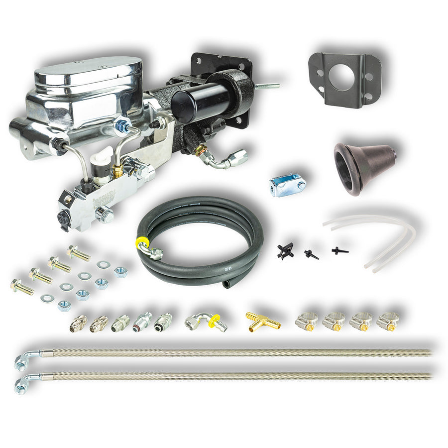 The Right Stuff 1967-74 GM A/F/X-Body Complete Chrome Hydraulic Brake Assist Upper with Hydraulic Brake Unit, Master Cylinder and Proportioning Valve Combination Kit for Disc/Drum - (JHB015171)
