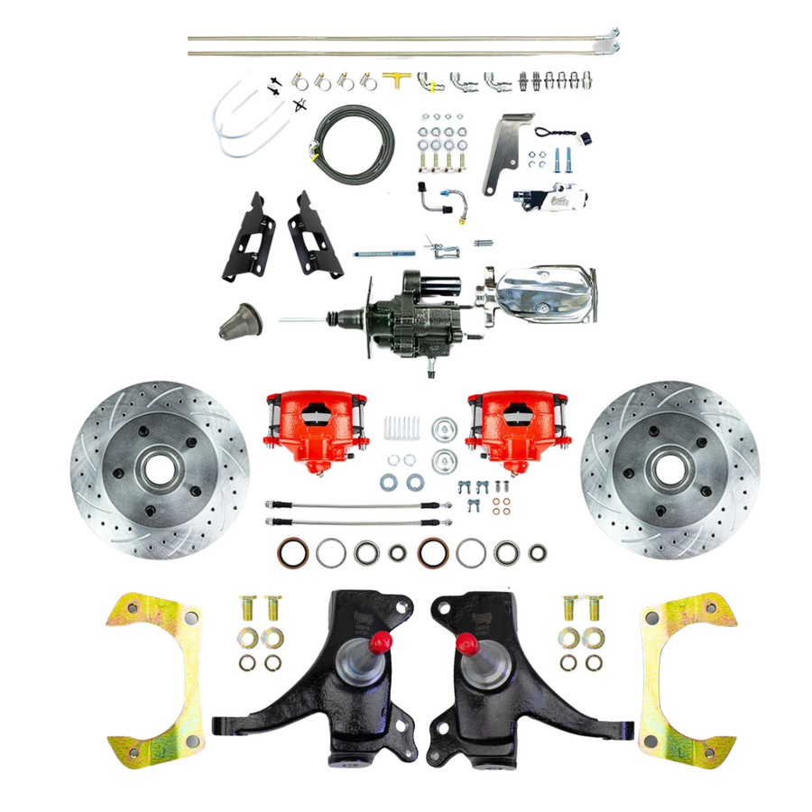 The Right Stuff 73-87 GM C10/C15 Truck/Suburban 2" Drop Chrome Hydraulic Brake Assist Disc Kit Red Calipers - (THB7325DZX)