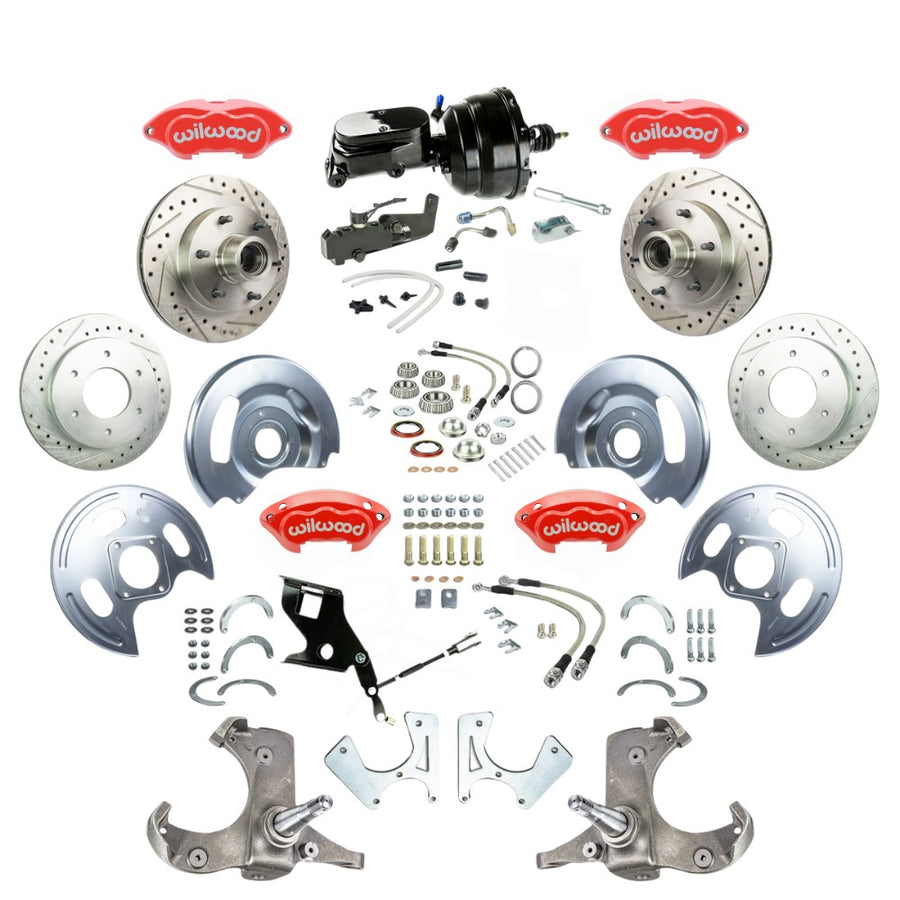 The Right Stuff 1967-70 GM/Chevy C10/15 Truck/Suburban 2WD Power 4-Wheel Disc Kit, Red Wilwood Calipers, Drilled and Slotted Rotors, Braided Stainless Hoses, and Black Booster Master Assembly 6x5.5 Bolt Pattern - (TDC6756ZYP)