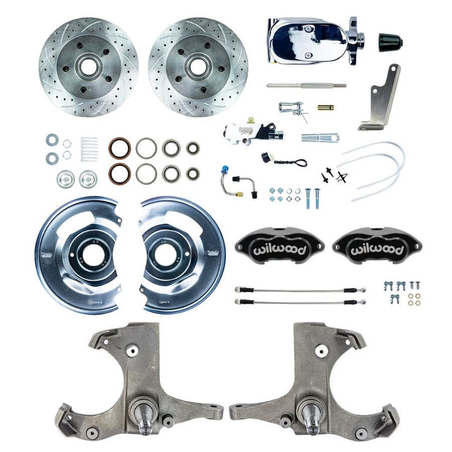 The Right Stuff 1963-70 Chevy/GMC Truck/Suburban, Manual Front Disc Brake Kit with Black Wilwood Calipers, Drilled and Slotted Rotors, Braided Stainless Hoses, and Chrome Upper, 5 Lug - (TSD6315BXP)