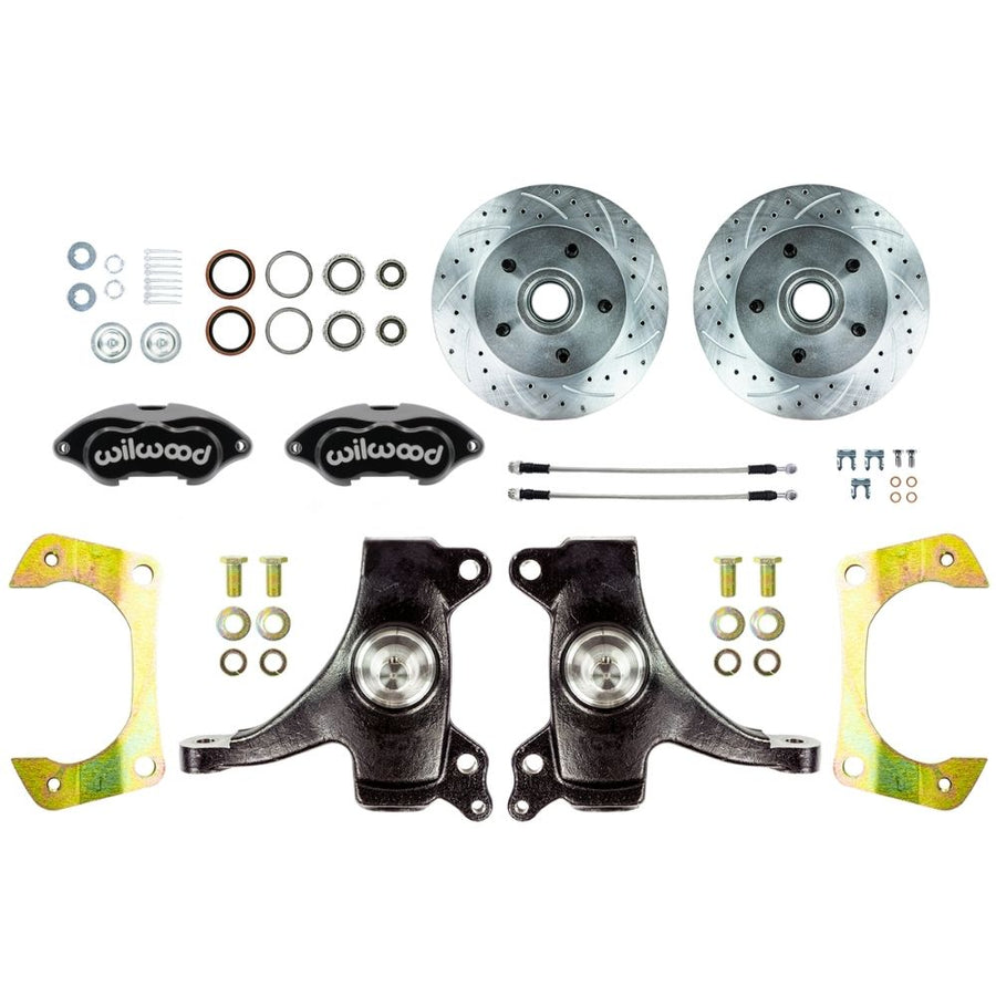 The Right Stuff 1963-70 GM/Chevy Truck/Suburban, 2WD, 2" Drop Performance Series At-The-Wheel Disc Brake Kit, 5 Lug; Black Wilwood Calipers, Drilled and Slotted Rotors, and Braided Stainless Hoses - (TWK6315DBP)