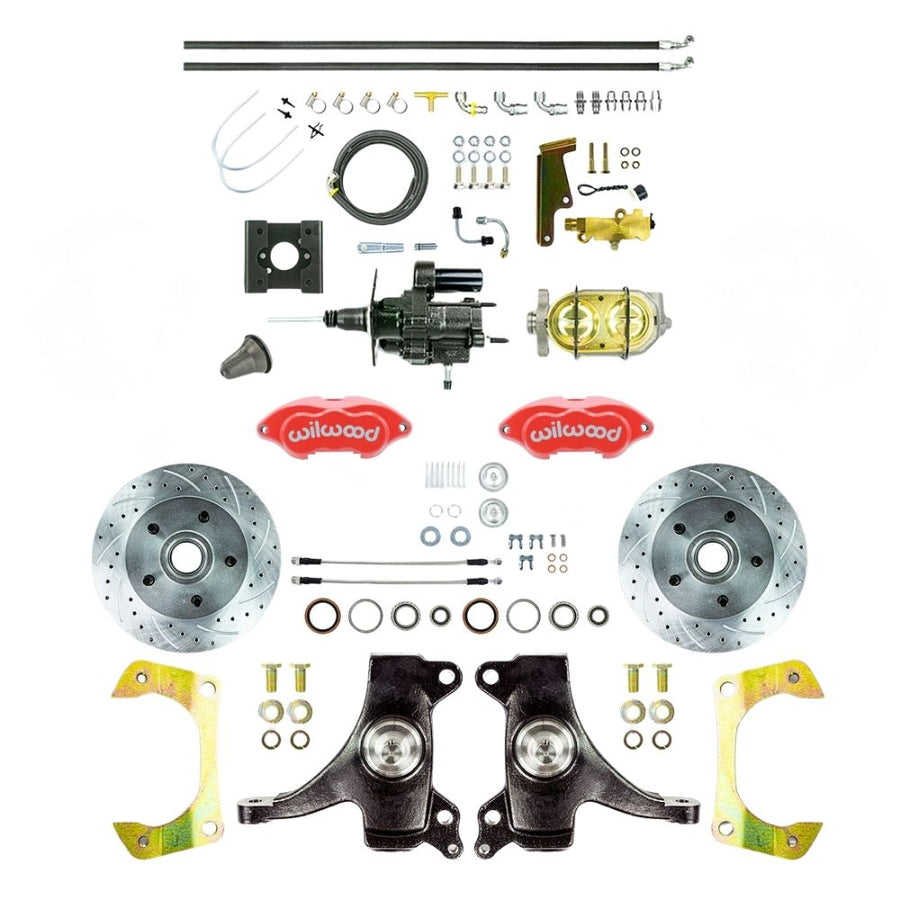 The Right Stuff 1963-66 Chevy/GMC Truck Performance Series, 2" Drop, Hydro Boost Disc Brake Conversion, Red Wilwood Calipers, Drilled and Slotted Rotors, and Braided Stainless Hoses - (THB6325DZP)