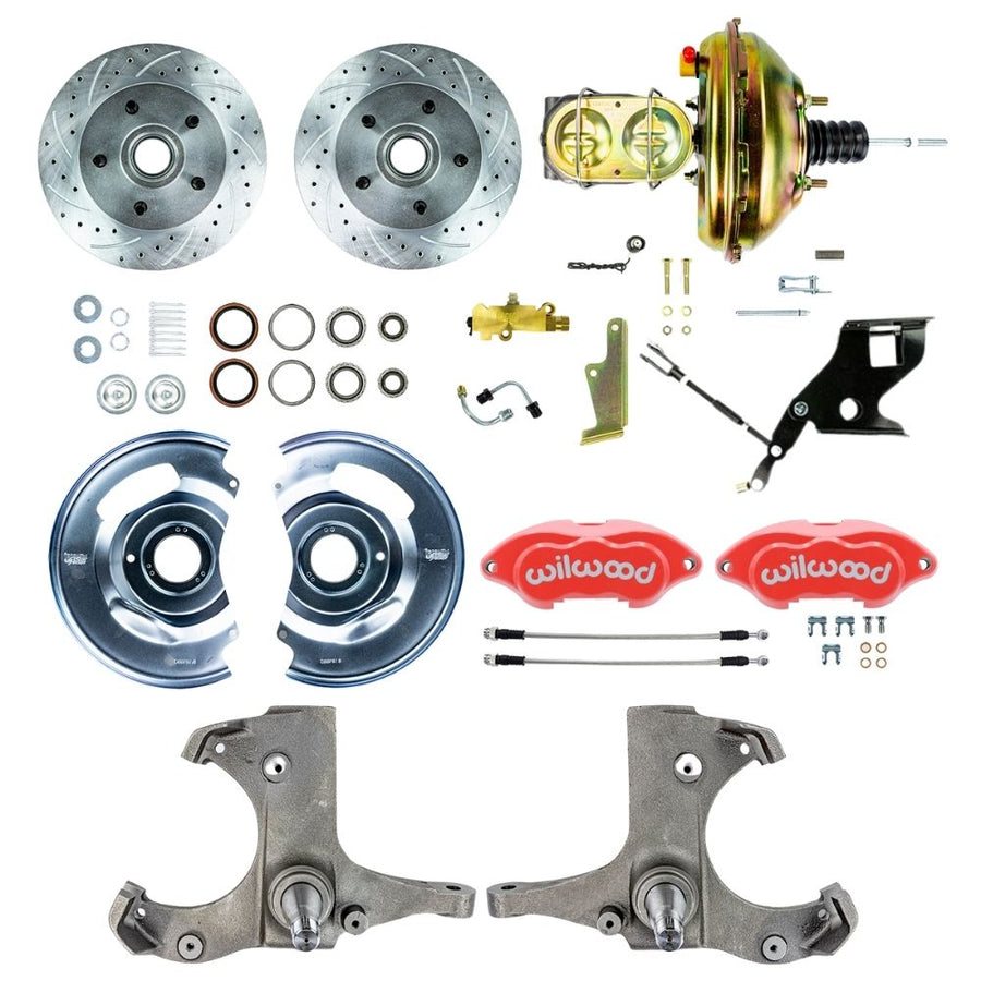 The Right Stuff 1967-1970 Chevy C10/15 Truck/Suburban, Power Performance Series, Front Disc Brake Kit with Red Wilwood Calipers, Drilled and Slotted Rotors, and Braided Stainless Hoses 5x5 Bolt Pattern - (TDC6725ZP)