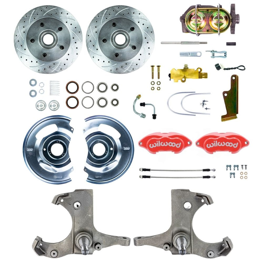 The Right Stuff 1963-70 Chevy/GMC Truck/Suburban, Drop Manual Front Disc Brake Kit with Red Wilwood Calipers, Drilled and Slotted Rotors, and Braided Stainless Hoses, 5 Lug - (TSD6315ZP)