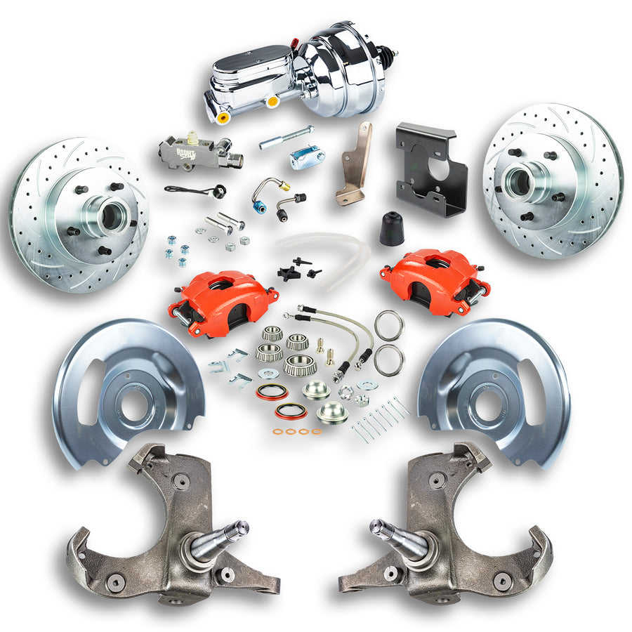 The Right Stuff 67-70 Chevy C10/15 Truck/Sub, Power Front Disc Kit, Red Calipers, Chrome Upper 5x5 Bolt Pattern - (TDC6725ZX)
