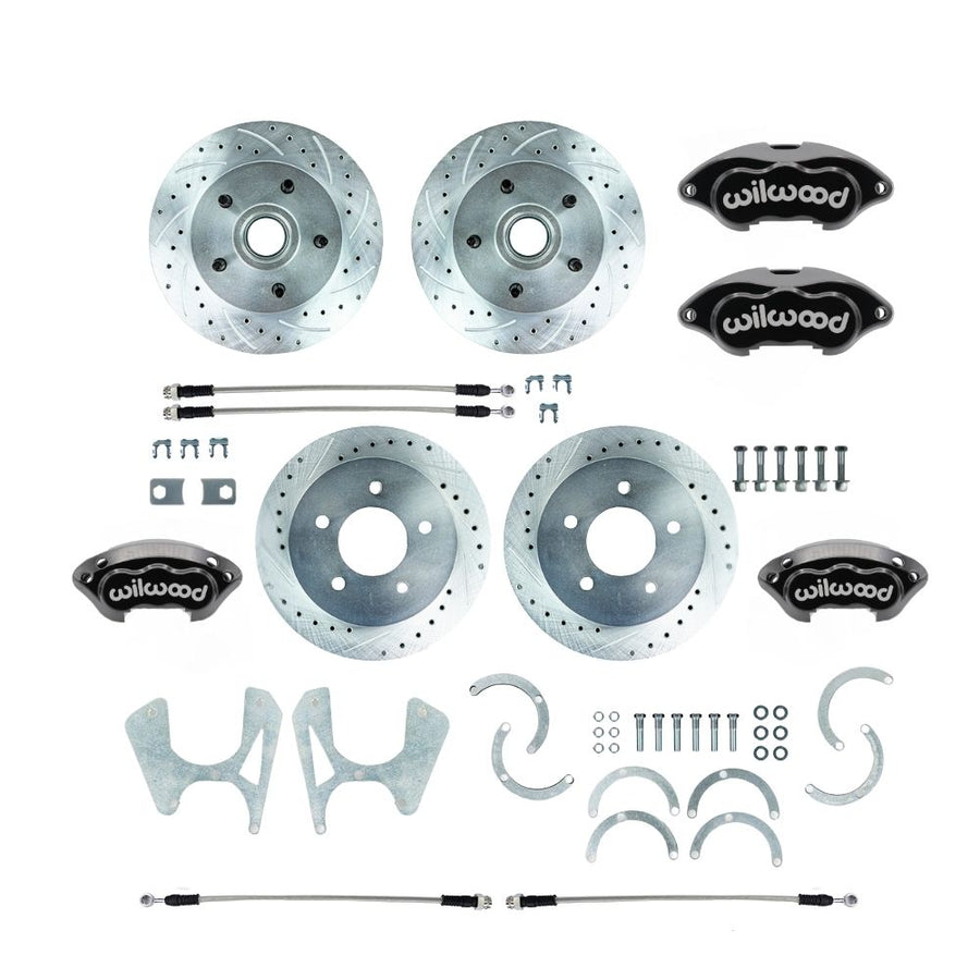 The Right Stuff 1971-72 C10 5 Lug Rear Disc Brake Conversion Kit with Matching Front Drilled and Slotted Rotors, Braided Stainless Hoses and Black Wilwood Calipers - (T71DC05BP)