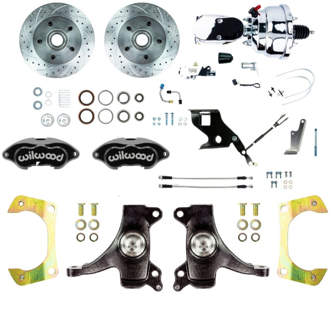 The Right Stuff 1967-70 GM C10/15 Truck/Sub, 2" Drop, Power Performance Series Front Disc Kit, Black Wilwood Calipers, Drilled and Slotted Rotors, Stainless Hoses, and Chrome Booster Master Assembly 5x5 Bolt Pattern - (TDC6725DBXP)