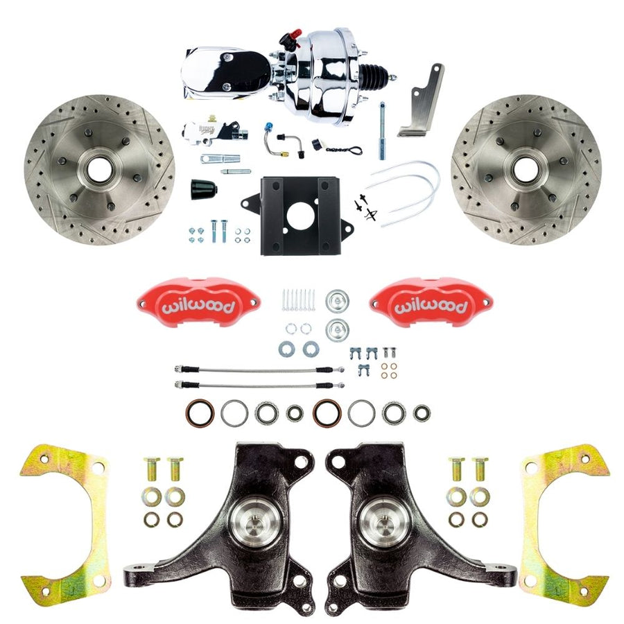The Right Stuff 1960-62 Chevy/GMC Performance Series 2" Drop, Power Front Disc Brake Conversion with Red Wilwood Calipers, Drilled and Slotted Rotors, Braided Stainless Hoses, and Chrome Booster Master Assembly - (TDC6016DZXP)
