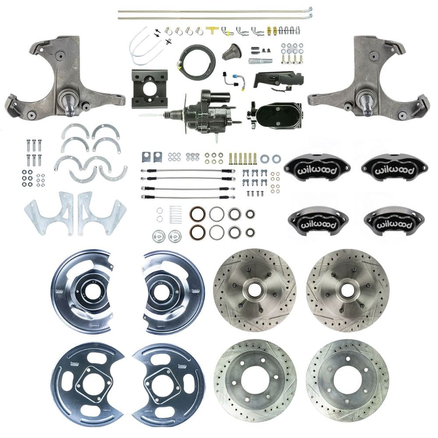 The Right Stuff 1963-66 GM/Chevy C10/15 Truck/Sub, 2WD Performance Series Hydraulic Brake Assist 4-Wheel Brake Kit, Black Wilwood Calipers, Drilled and Slotted Rotors, Stainless Hoses, Black Upper Assembly - (THB6356BYP)