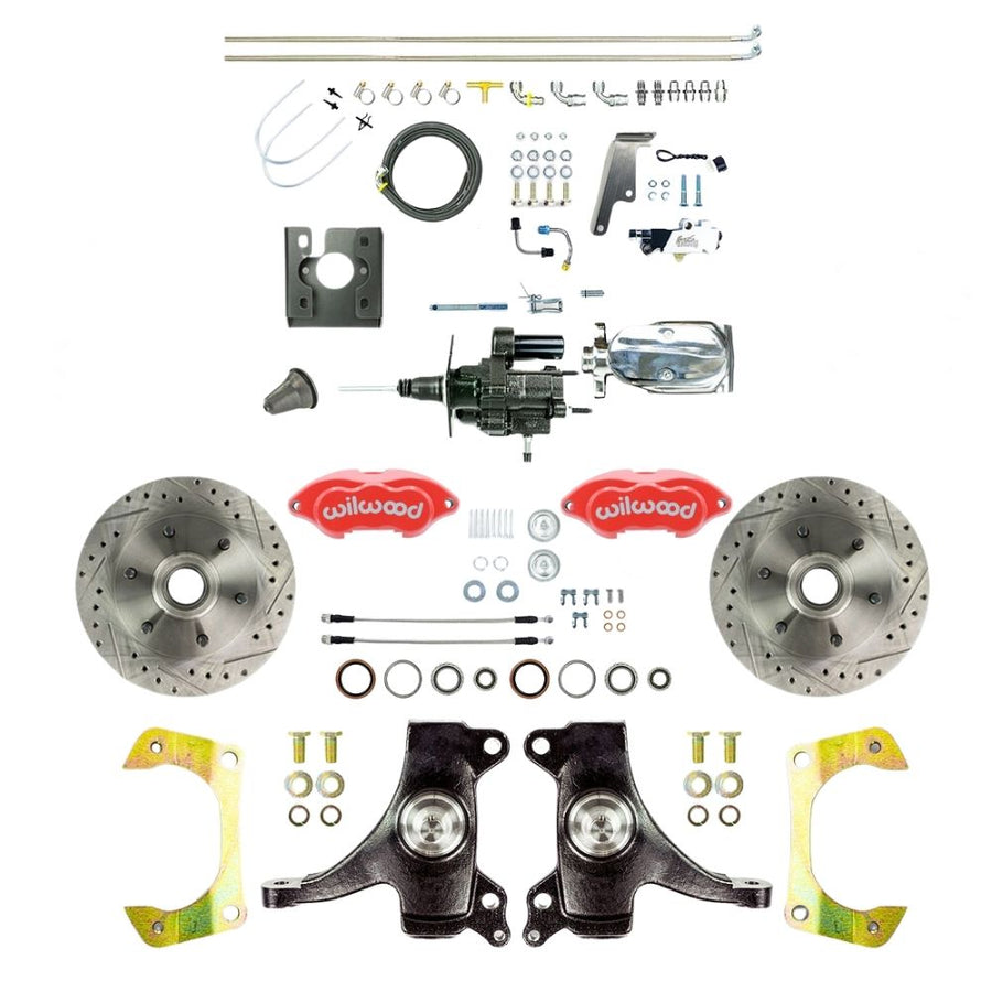 The Right Stuff 1967-70 GM C10/15 Truck/Suburban, 2" Drop, Performance Series Hydraulic Brake Assist Front Disc Kit, Red Wilwood Calipers, Drilled and Slotted Rotors, Stainless Hoses, Chrome Upper Assembly - (THB6726DZXP)