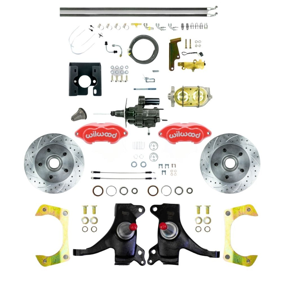 The Right Stuff 1971-72 GM C10/C15 Truck/Suburban, 2" Drop Performance Series Black Hydraulic Brake Assist Disc Brake Kit with Red Wilwood Calipers, Drilled and Slotted Rotors, and Braided Stainless Hoses - (THB7125DZP)
