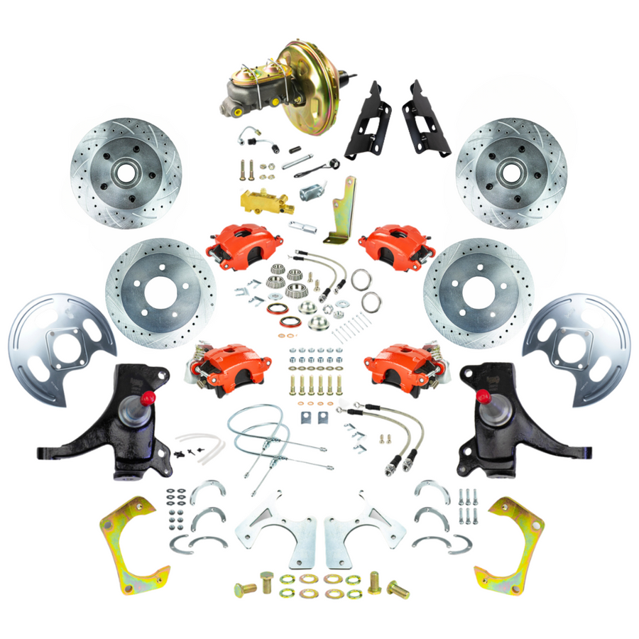 The Right Stuff 73-87 GM C10/15 Truck/Suburban 2" Drop Power 4-Wheel Disc Brake Kit Red Calipers - (TDC7355DZ)