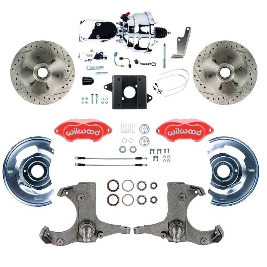 The Right Stuff 1960-62 Chevy/GMC Performance Series, Power Front Disc Brake Conversion Kit Red Wilwood Calipers, Drilled and Slotted Rotors, Braided Stainless Hoses, and Chrome Booster Master Assembly - (TDC6016ZXP)