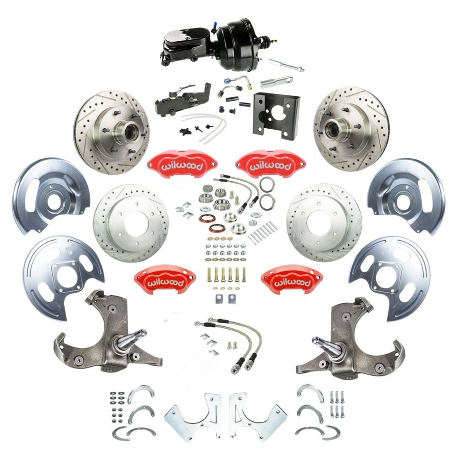 The Right Stuff 1963-66 GM/Chevy C10/15 Truck/Suburban, 2WD, Performance Series Power 4-Wheel Disc Brake, Red Wilwood Calipers, , Drilled and Slotted Rotors, Stainless Hoses, and Black Booster Master Assembly 6x5.5 - (TDC6356ZYP)