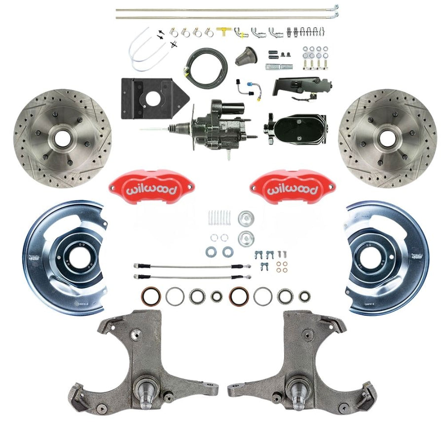 The Right Stuff 1960-62 Chev/GMC Truck/Suburban, Performance Series Hydraulic Brake Assist Front Disc Brake Kit Red Wilwood Calipers, Drilled and Slotted Rotors, Braided Stainless Hoses, Black Upper Assembly - (THB6016ZYP)