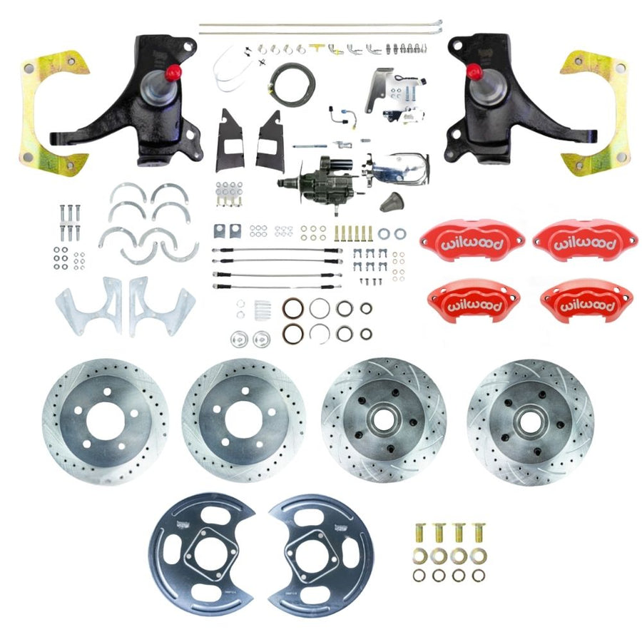 The Right Stuff 1973-87 GM C10/C15 Truck/Suburban 2WD 2" Drop Performance Series Hydraulic Brake Assist 4-Wheel Disc Brake Kit, Red Wilwood Calipers, Drilled and Slotted Rotors, Stainless Hoses, Chrome Upper Assembly - (THB7355DZXP)