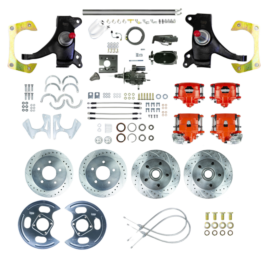 The Right Stuff 71-72 C10/C15 Truck/Sub 2" Drop Black Hydraulic Brake Assist 4-Wheel Disc Kit Red Calipers - (THB7155DZY)