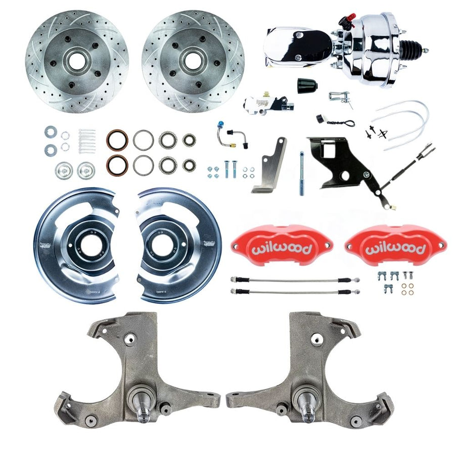 The Right Stuff 1967-70 Chevy C10/15 Truck/Suburban, Performance Series Power Front Disc Brake Kit, Red Wilwood Calipers, Drilled and Slotted Rotors, Braided Stainless Hoses, and Chrome Booster Master Assembly; 5x5 - (TDC6725ZXP)