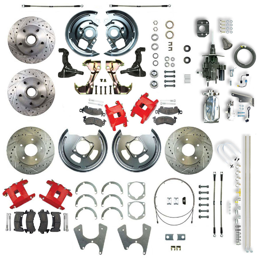 The Right Stuff 67-69 GM F-Body, Staggered, Chrome Hydraulic Brake Assist 4 Wheel Disc Conv Red Calipers - (AFXHB25CZX)