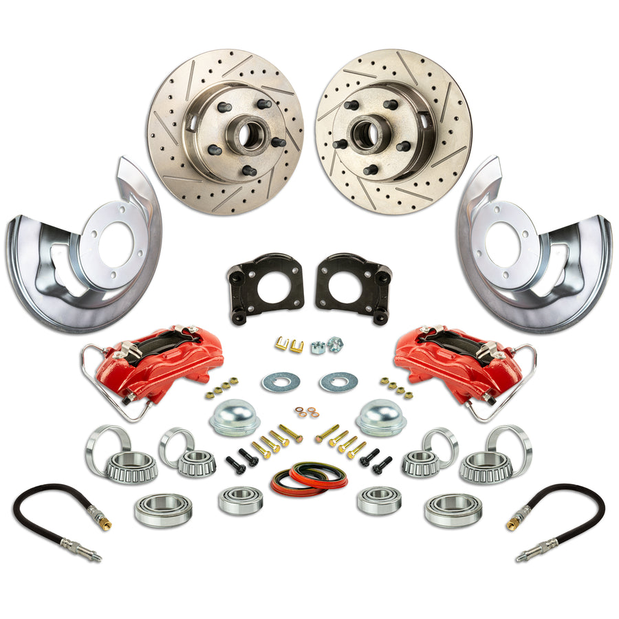 The Right Stuff 1964-73 Ford Front Disc At-The-Wheel Conversion Kit, Drilled and Slotted Rotors, Red Powder Coated Calipers - (ZWK6405Z)