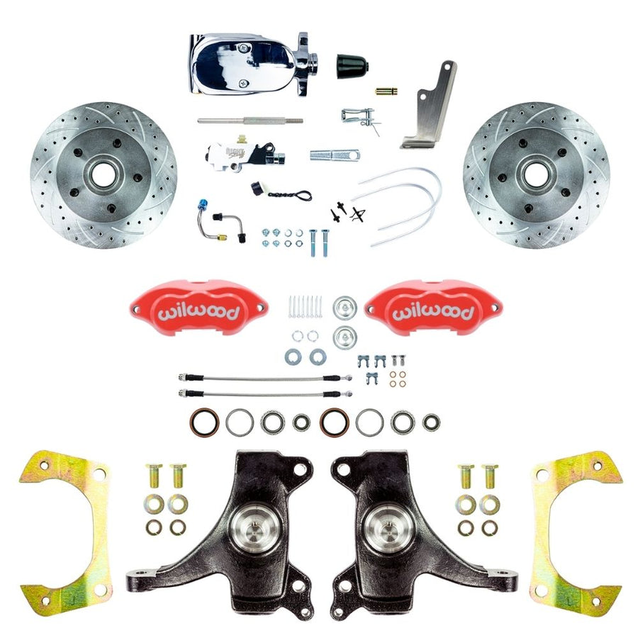 The Right Stuff 1960-62 Chevy/GMC Performance Series 2" Drop, Standard Front Disc Brake Conversion, Red Wilwood Calipers, Drilled and Slotted Rotors, Braided Stainless Hoses, and Chrome Booster Master Assembly - (TSD6015DZXP)