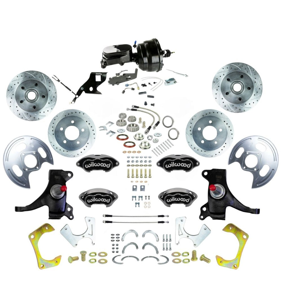 The Right Stuff 1971-72 GM C10/15 Truck/Suburban 2" Drop Performance Series Power 4-Wheel Disc Kit with Black Wilwood Calipers, Drilled and Slotted Rotors, Braided Stainless Hoses, and Black Booster Master Assembly - (TDC7155DBYP)