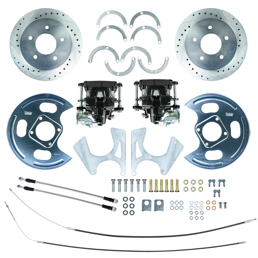 The Right Stuff 1973-1987 Chevy/GMC Truck Rear Disc Brake Conversion Kit, with Black Calipers, Drilled and Slotted Rotors, Backing Plates and E-brake Cables, 5 Lug - (TRD4845S)
