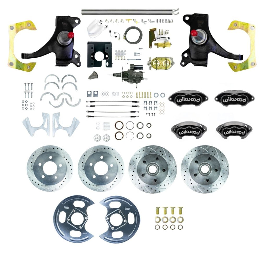 The Right Stuff 1971-72 C10/15 Truck/Suburban 2" Drop Hydraulic Brake Assist 4-Wheel Disc Brake Kit with Black Wilwood Calipers, Drilled and Slotted Rotors, and Braided Stainless Hoses - (THB7155DBP)
