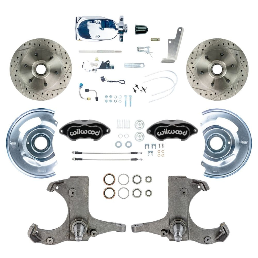 The Right Stuff 1960-62 Chevy/GMC Truck/Suburban Performance Series, Standard Front Disc Brake Conversion Kit, Black Wilwood Caliper, Drilled and Slotted Rotors, Stainless Hoses, and Chrome Booster Master Assembly - (TSD6016BXP)