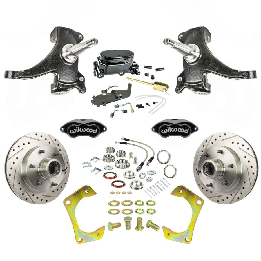 The Right Stuff 1960-62 Chevy/GMC Truck/Sub Performance Series 2" Drop, Standard Front Disc Brake Conversion Kit, Black Wilwood Calipers, Drilled and Slotted Rotors, Stainless Hoses, and Black Booster Master Assembly - (TSD6016DBYP)