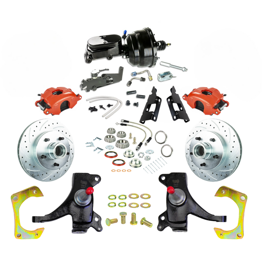 The Right Stuff 73-87 GM C10/15 Truck/Sub 2" Drop Power Front Disc Kit Red Calipers Black Upper - (TDC7325DZY)