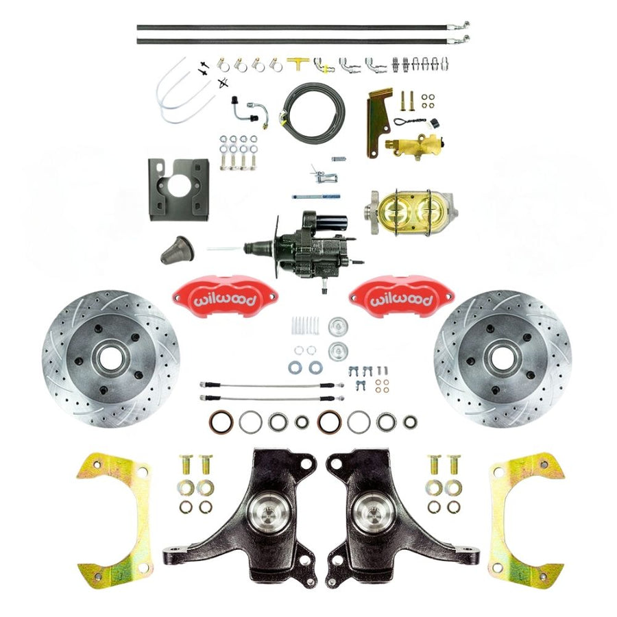 The Right Stuff 1967-70 Chevy C10/C15 Truck/Suburban 2" Drop, Hydraulic Brake Assist Performance Series Front Disc Kit, Red Wilwood Calipers, Drilled and Slotted Rotors, and Braided Stainless Hoses 5x5 Bolt Pattern - (THB6725DZP)