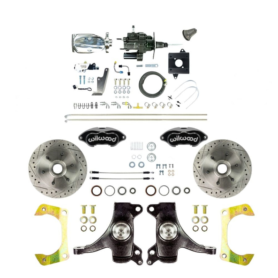 The Right Stuff 1960-62 Chevy/GMC Series 2" Drop, Hydraulic Brake Assist Performance Series Front Disc Brake Conversion Kit, Black Wilwood Calipers, Drilled and Slotted Rotors, Chrome Upper Assembly - (THB6016DBXP)