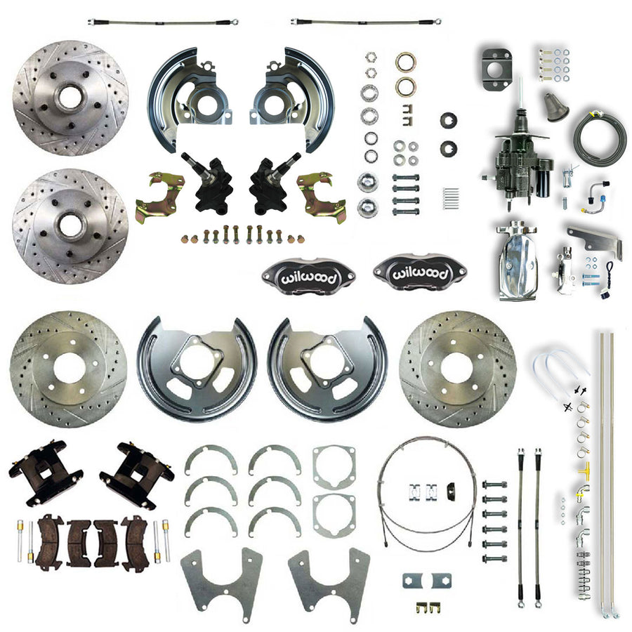 The Right Stuff 67-69 GM F-Body Staggered 2 Drop Chrome Hydraulic Brake Assist 4 Wheel Disc Conv Blk Caliper - (AFXHB25DSX)