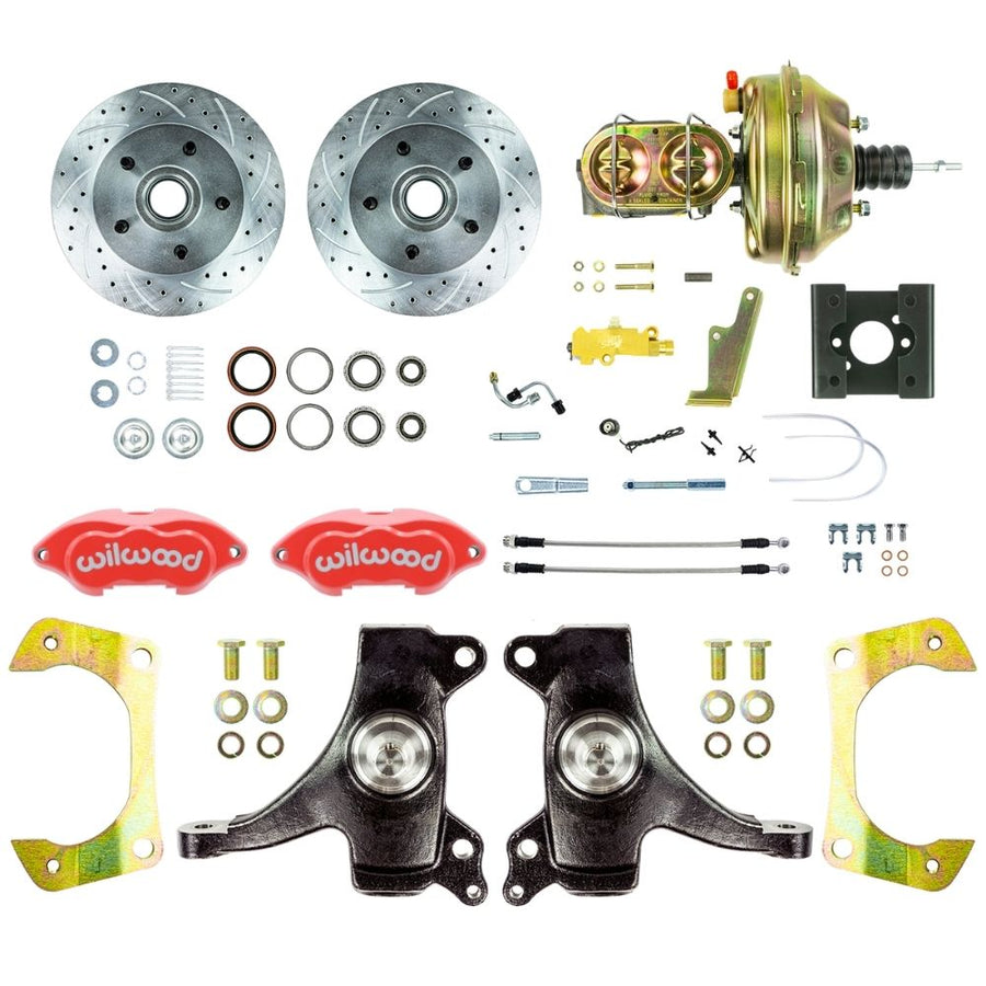 The Right Stuff 1963-66 Chevy/GMC Truck Performance Series, 2" Drop, Power Front Disc Brake Conversion, Red Wilwood Calipers, Drilled and Slotted Rotors, and Braided Stainless Hoses - (TDC6325DZP)