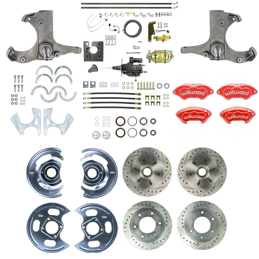 The Right Stuff 1967-70 GM/Chevy C10/C15 Truck/Suburban 2WD, Performance Series Hydraulic Brake Assist 4-Wheel Disc Brake Kit, Red Wilwood Calipers, Drilled and Slotted Rotors, and Braided Stainless Hoses 6x5.5 - (THB6756ZP)
