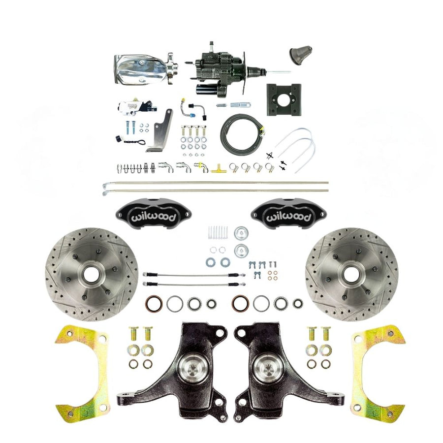 The Right Stuff 1963-66 Chevy/GMC Truck Performance Series, 2" Drop, Hydro Boost Disc Brake Conversion, Black Wilwood Calipers, Drilled and Slotted Rotors, Braided Stainless Hoses, and Chrome Upper Assembly - (THB6326DBXP)
