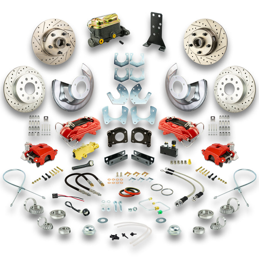 The Right Stuff 1964-66 Ford Manual 4 Wheel Disc Conv Kit, with Small Ford 9" or 8" Rear End, Drilled/Slotted Rotors, Red Calipers - (ZSD6455Z)